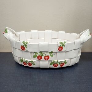 Woven White Handmade & Hand-Painted Oval Ceramic Strawberry Basket w/Handles